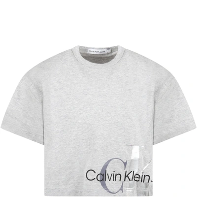 Shop Calvin Klein Gray T-shirt For Girl With Silver And Black Logo In Grey