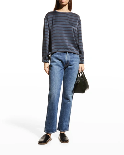 Shop Majestic Striped Silk-front Long-sleeve Tee In Marine