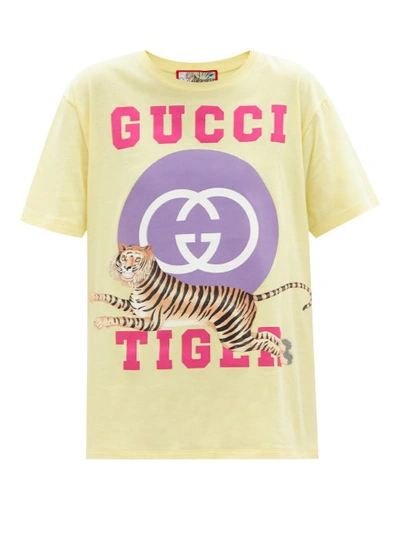 Gucci Tiger And Logo-print Cotton-jersey T-shirt In Yellow | ModeSens