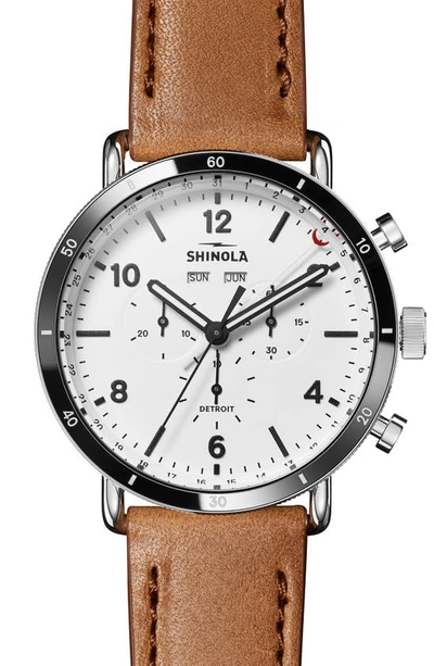 Shinola Men's 45mm Canfield Sport 3-eye Chrono Calendar Watch W/ Leather Strap In Cognac/white