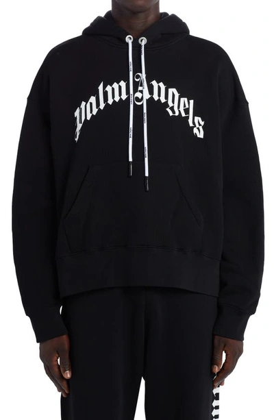 Shop Palm Angels Curved Logo Cotton Hoodie In Black White