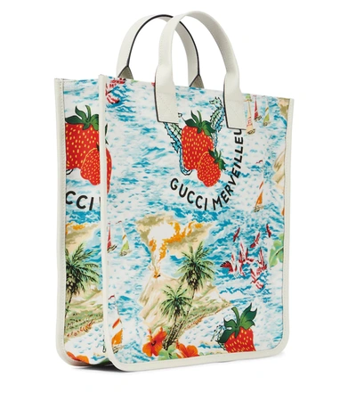 Shop Gucci Printed Canvas Tote In Ly Blu Red/dust.whit
