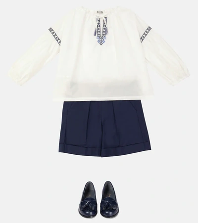 Il Gufo Embroidered Cotton Blouse In Bianco/blu