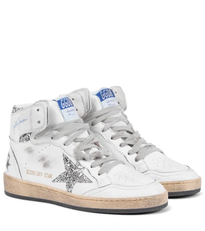 Shop Golden Goose Sky Star Leather Sneakers In White/silver