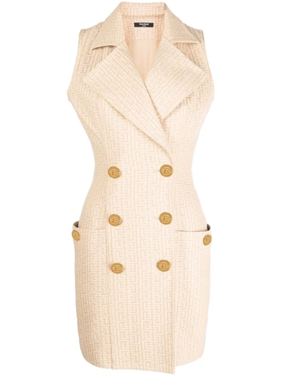 Shop Balmain Monogram-jacquard Sleeveless Dress In Neutrals