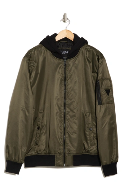Shop Guess Fleece Hood Nylon Bomber Jacket In Olive