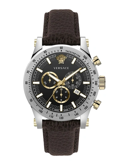 Shop Versace Men's Chrono Sporty Stainless Steel & Leather Chronograph Watch In Black