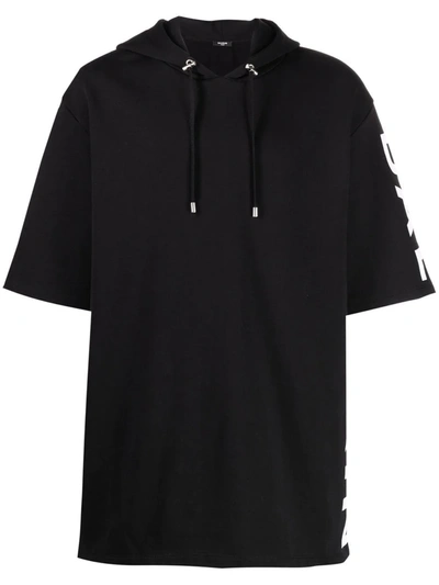 Shop Balmain Logo-print Short-sleeve Hoodie In Black