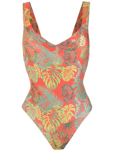 Shop Amir Slama Palm Leaf Print Swimsuit In Red