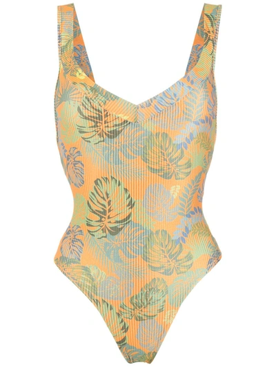 Shop Amir Slama Palm Leaf Print Swimsuit In Orange