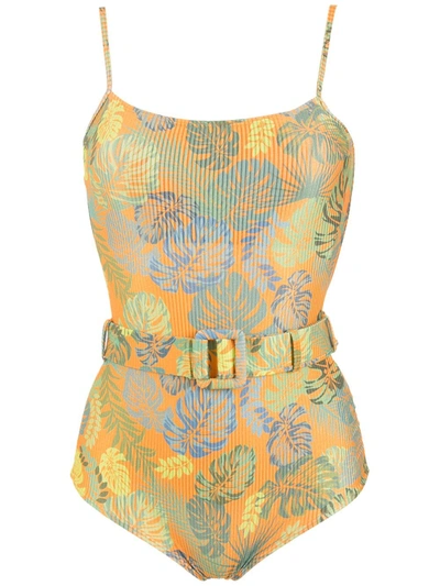 Shop Amir Slama Palm Leaf Print Belted Swimsuit In Orange