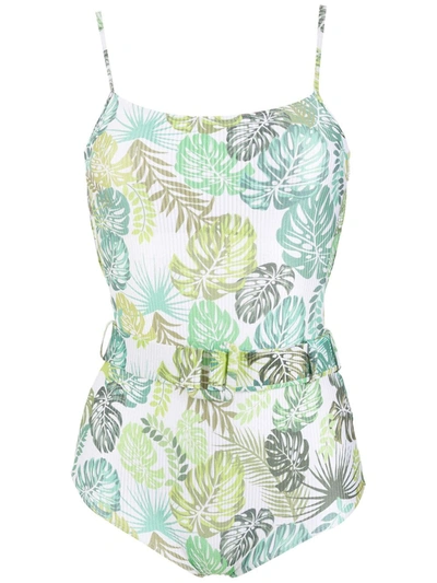 Shop Amir Slama Palm Leaf Print Belted Swimsuit In Green