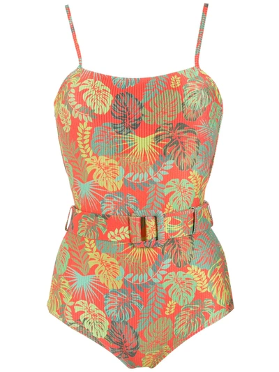 Shop Amir Slama Palm Leaf Print Belted Swimsuit In Red