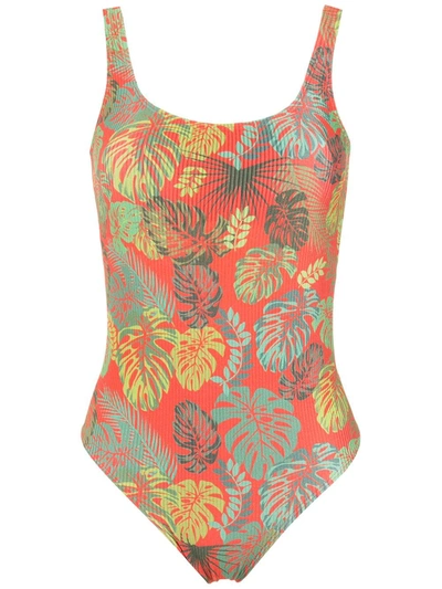 Shop Amir Slama Palm Leaf Print Swimsuit In Red