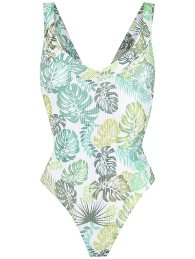 Shop Amir Slama Palm Leaf Print Swimsuit In Green