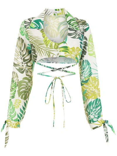 Shop Amir Slama Palm Leaf Print Cropped Shirt In Green