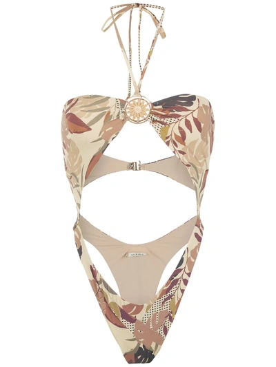 Shop Amir Slama Palm Leaf Print Cutout Swimsuit In Neutrals