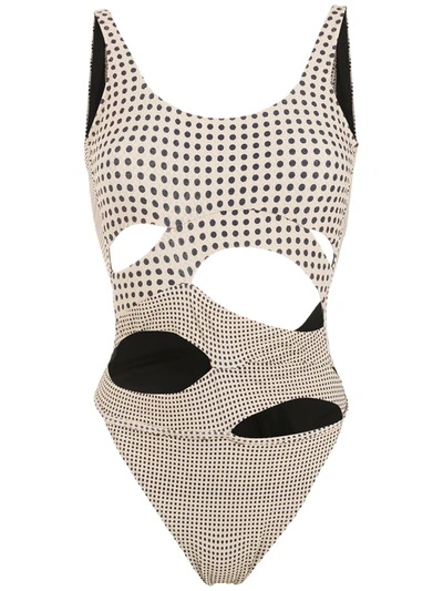 Shop Amir Slama Polka-dot Print Cutout Swimsuit In Neutrals