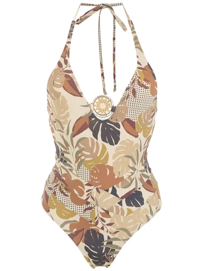 Shop Amir Slama Palm Leaf Print Swimsuit In Neutrals