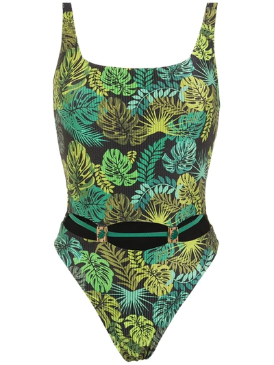 Shop Amir Slama Tropical Print Ribbed Swimsuit In Green