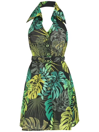 Shop Amir Slama Leaf Print Dress In Green