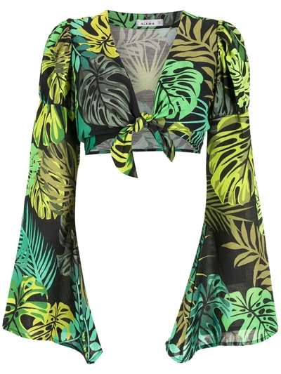 Shop Amir Slama Tropical Print Cropped Tie Blouse In Green