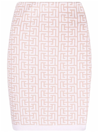 Shop Balmain Monogram Skirt In Cream