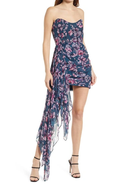 Shop Katie May Chasing Dawn Ruched Strapless Trailing Hem Cocktail Dress In Artsy Pink Flora