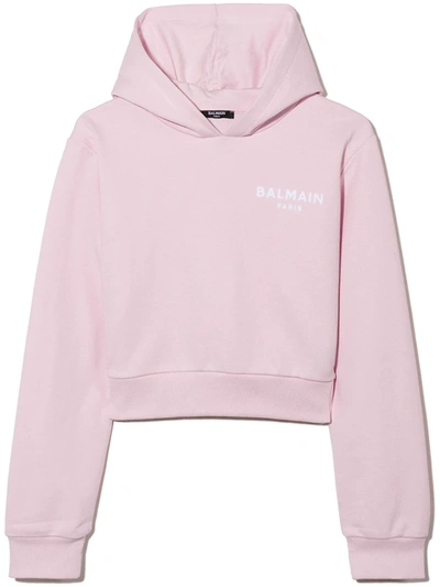 Shop Balmain Logo-print Cotton Hoodie In Pink