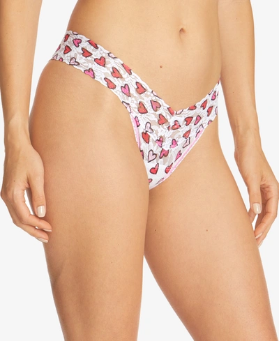Shop Hanky Panky Low-rise Printed Lace Thong In Heartbeat