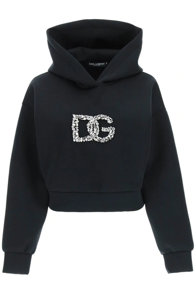 Shop Dolce & Gabbana Embellished Cropped Hoodie In Black