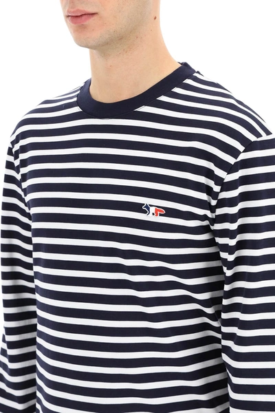 Shop Maison Kitsuné Tricolor Fox Striped T-shirt In White,blue