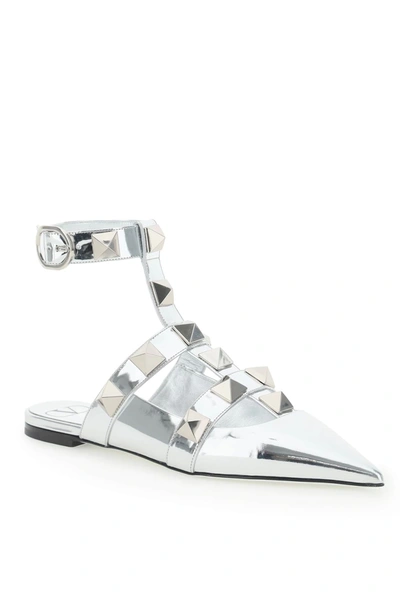 Shop Valentino Roman Stud Flats In Silver