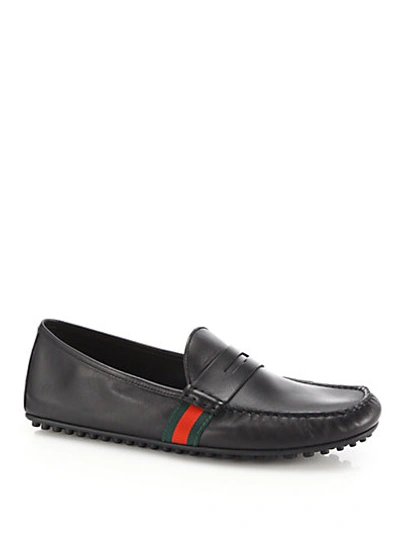 Gucci Signature Web Leather Drivers In Nero