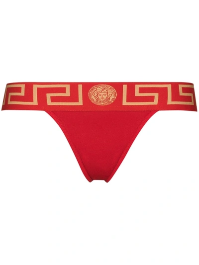 Shop Versace Greca Border Thong In Red