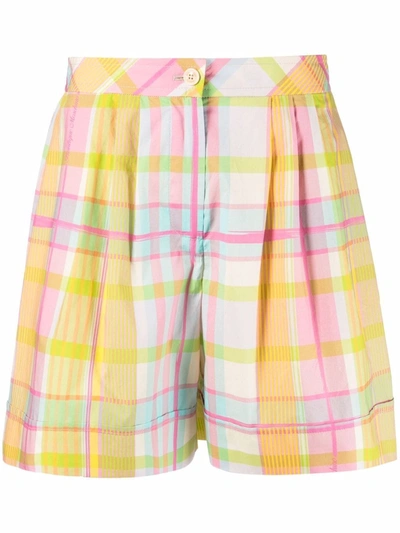 Shop Boutique Moschino Check-pattern High-waisted Cotton Shorts In Yellow