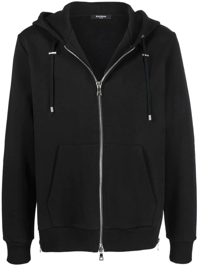 Shop Balmain Logo-print Zipped Hoodie In Black