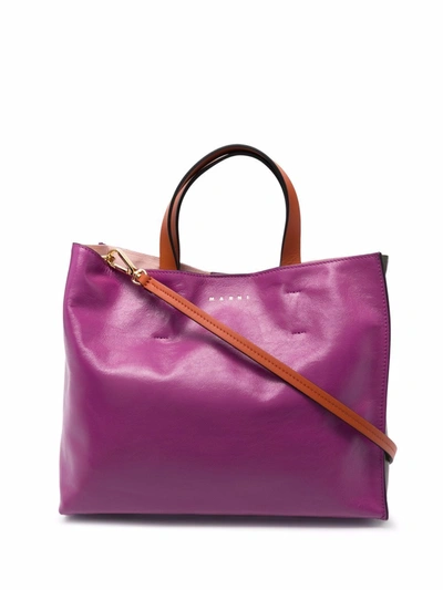 Shop Marni Colour-block Leather Tote Bag In Purple