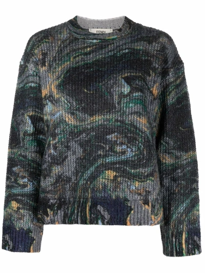 Shop Fendi Marble Print Knit Jumper In Blue