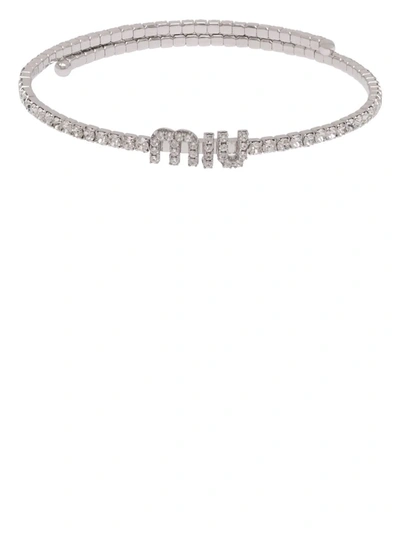 Shop Miu Miu Crystal-embellished Logo Necklace In Silver