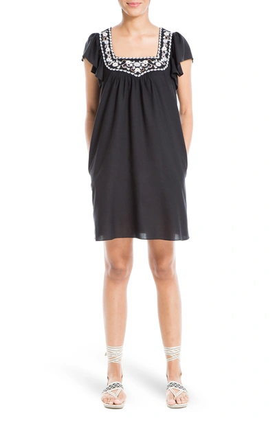Max Studio Embroidered Flutter Sleeve Shift Dress In Black Victorian Embroider