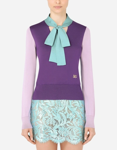 Dolce & Gabbana Long-sleeved Multi-colored Silk Sweater With Pussy-bow And Dg Embellishment In Multicolor