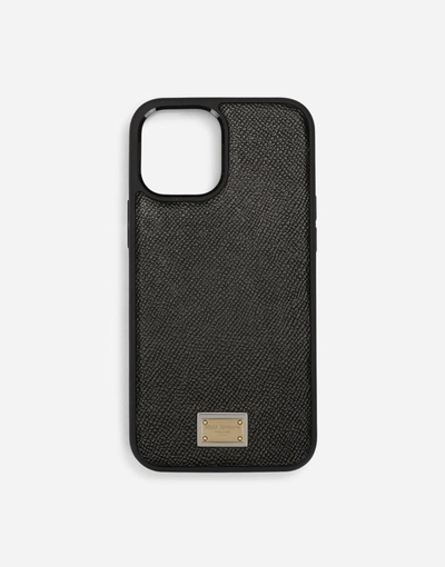 Shop Dolce & Gabbana Dauphine Calfskin Iphone 12 Pro Max Cover With Plate In Black