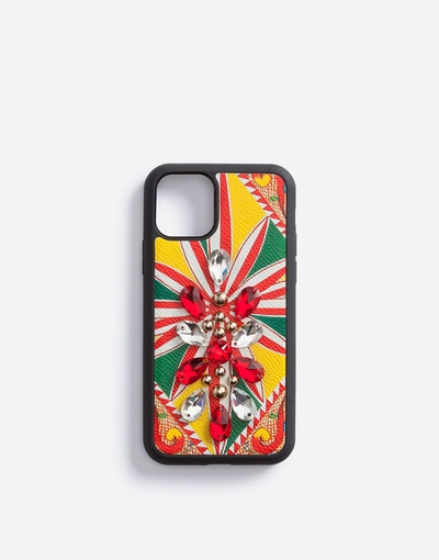 Shop Dolce & Gabbana Iphone 11 Pro Cover In Carretto-print Dauphine Calfskin With Embroidery In Multicolor