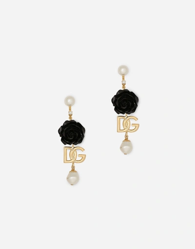 Shop Dolce & Gabbana Drop Earrings With Roses And Dg Logo In Gold