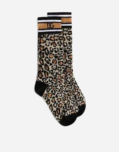 Shop Dolce & Gabbana Leopard-print Cotton Jacquard Socks In Multicolor
