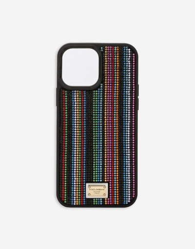 Shop Dolce & Gabbana Iphone 13 Pro Max Cover With Striped Fusible Rhinestone Embellishment In Multicolor