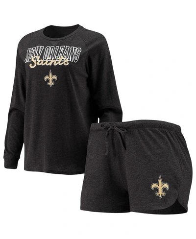 Shop Concepts Sport Women's Black New Orleans Saints Meter Knit Long Sleeve Raglan Top And Shorts Sleep Set