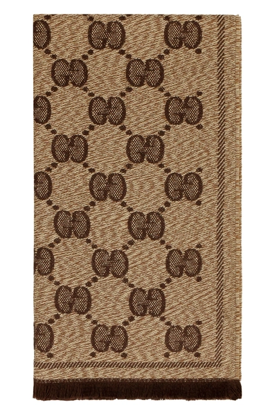 Shop Gucci Monogram Fringed Jacquard Scarf In Beige