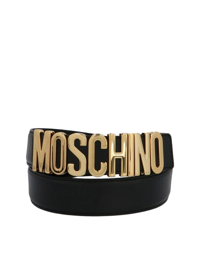 Shop Moschino Logo Lettering Buckle Belt In Gold